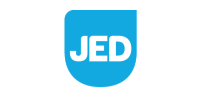Blue shield-shaped sign with white capital letters spelling "JED".