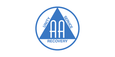 Logo of Alcoholics Anonymous featuring a blue triangle with 'AA' in the center and words 'Unity', 'Service', and 'Recovery' around it.