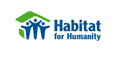 Habitat for Humanity logo featuring a green roof with three blue human figures underneath and the words "Habitat for Humanity" next to the graphic.