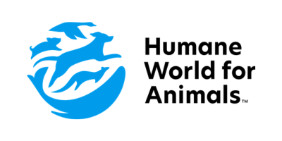 Humane World for Animals logo with a blue globe featuring three stylized animals and black text.