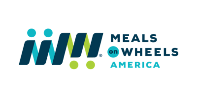 Logo for Meals on Wheels America featuring stylized text and a graphic of a fork and spoon