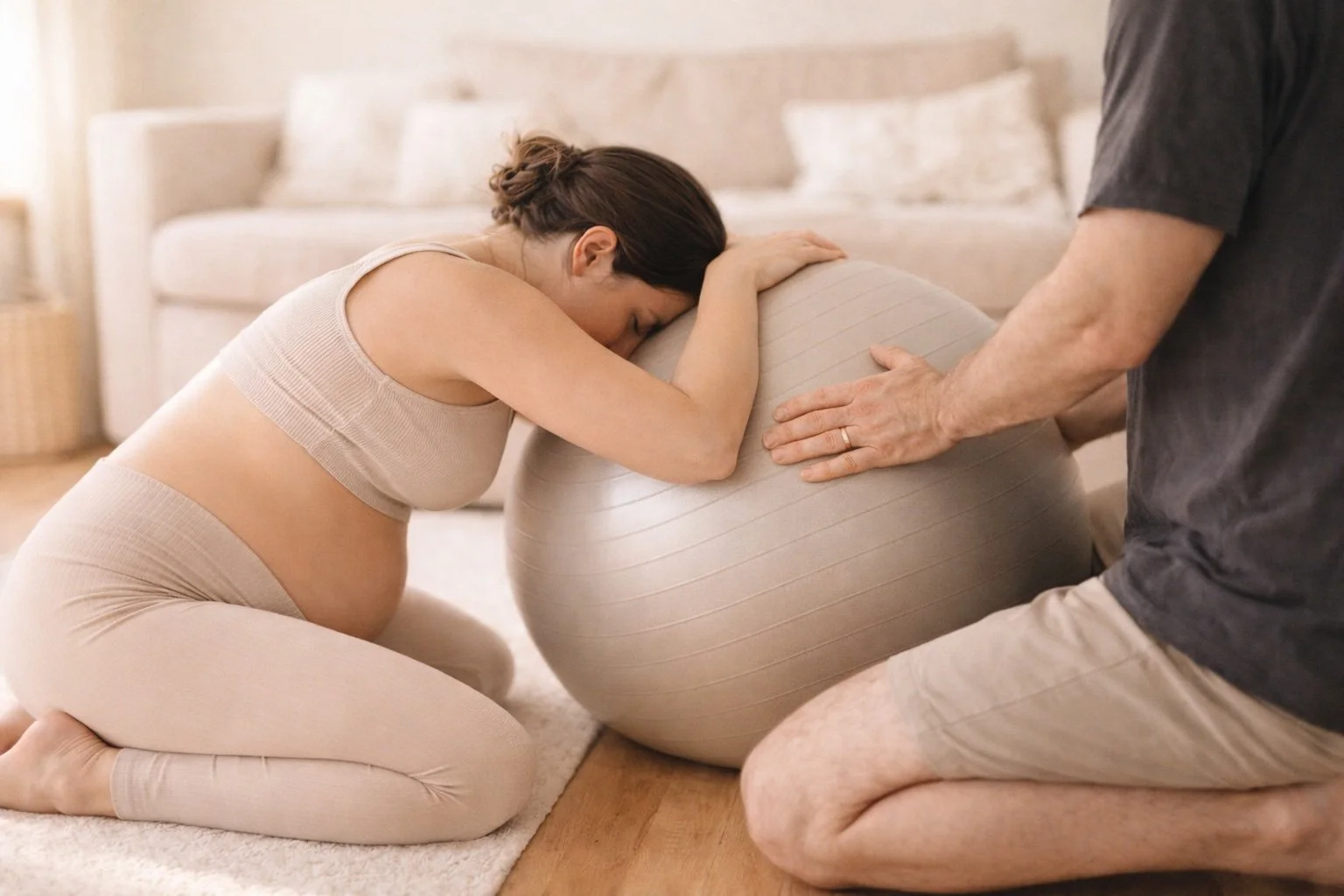 Pregnant woman resting her head on a large exercise ball while kneeling on the floor, with a man holding the ball nearby in a cozy living room.