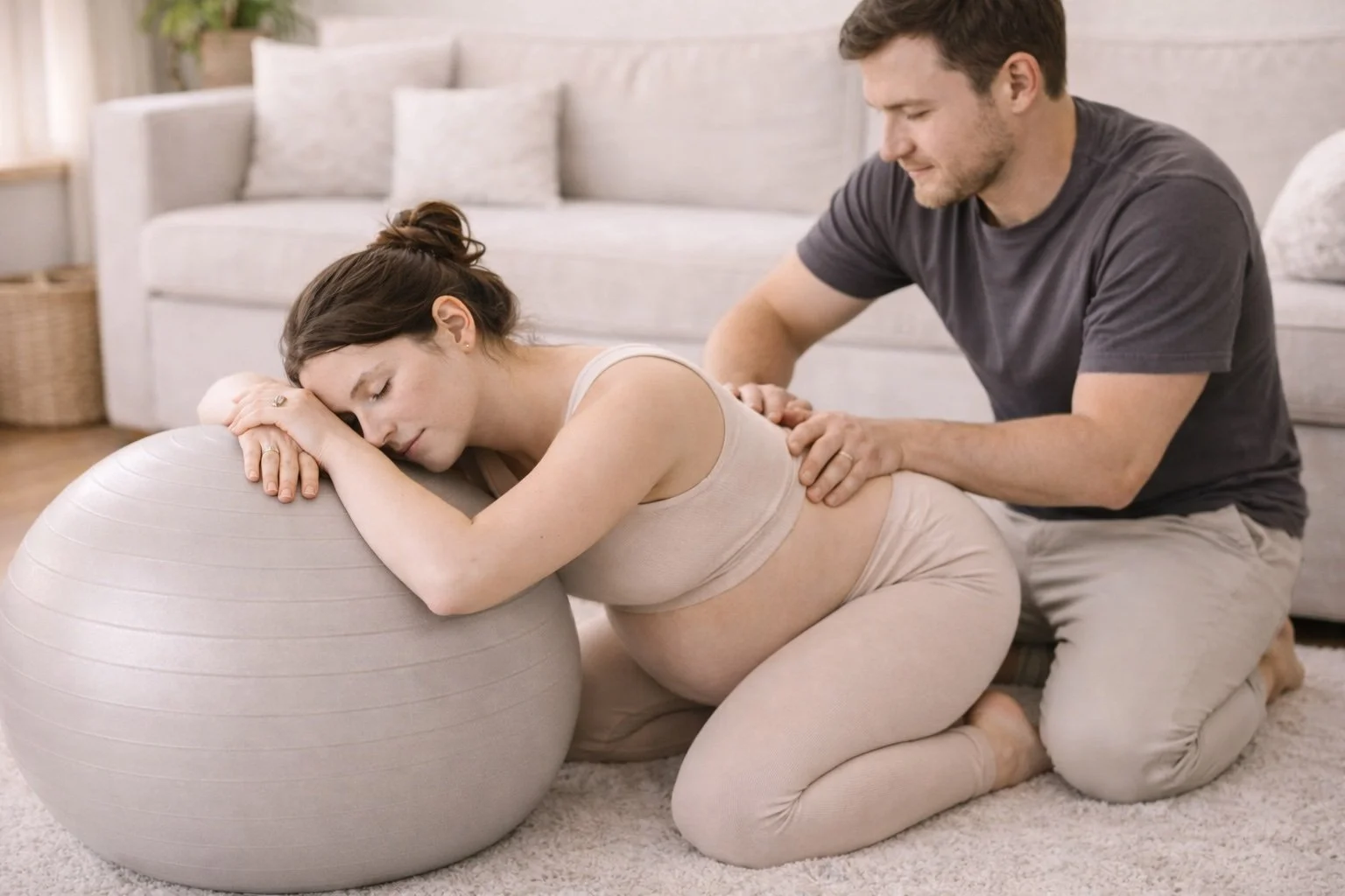 A woman is experiencing labor and resting her head on a stability ball while a man is providing support, kneeling beside her in a living room.