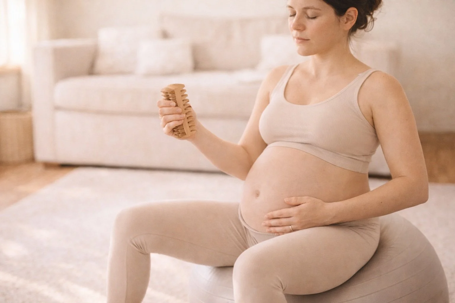 Pregnant woman sitting on a beige cushion in a cozy room, holding a birth comb in her right hand and gently resting her left hand on her belly, with her eyes closed in a peaceful moment.