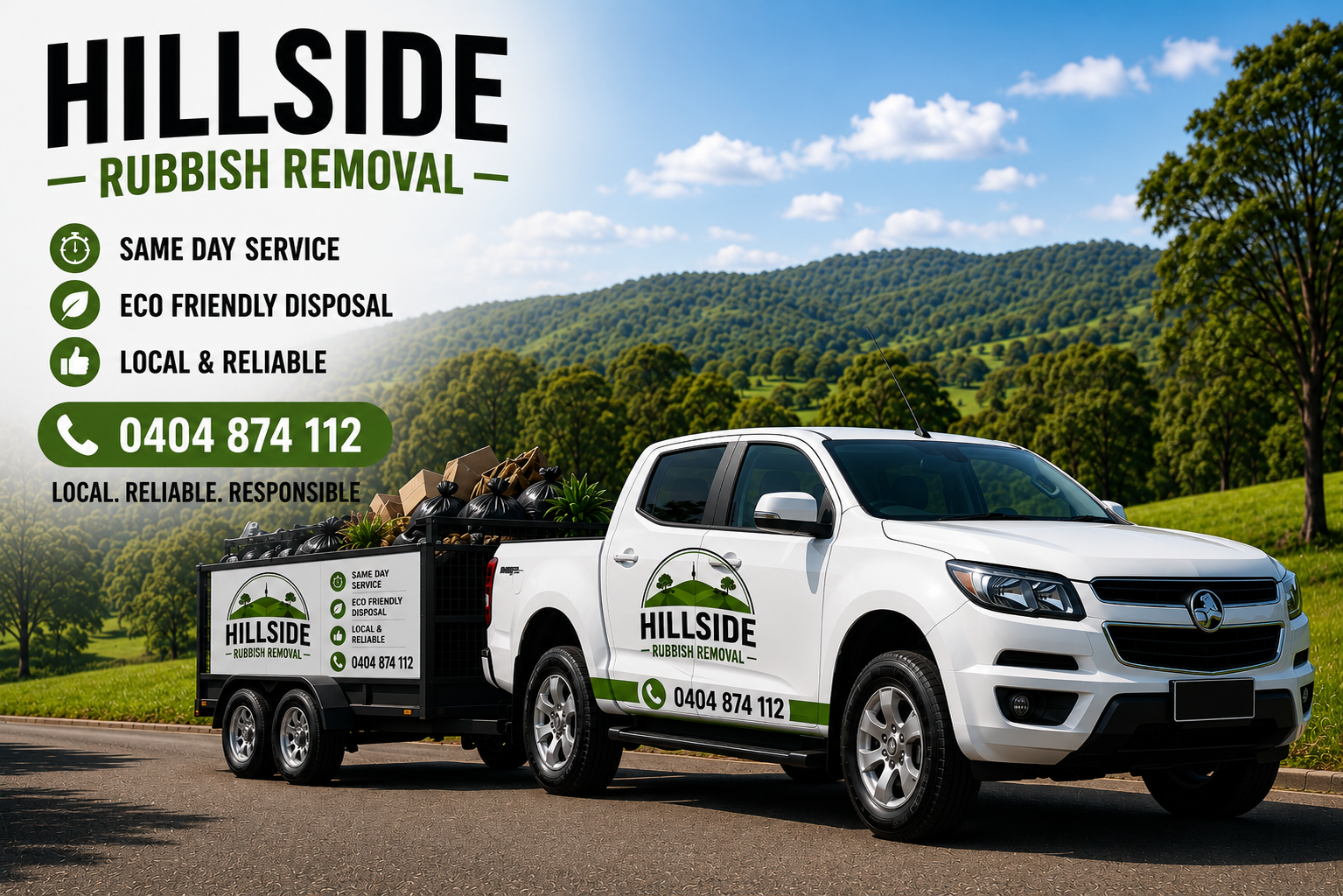 A white pickup truck with a trailer attached, branded with Hillside Rubbish Removal logo and contact number, parked on a rural road with green hills and trees in the background. The trailer is loaded with garbage bags and boxes, promoting rubbish removal services.