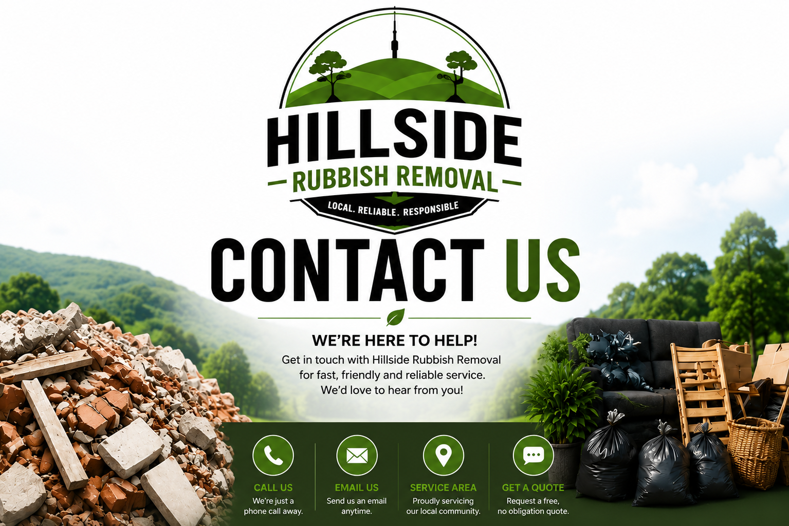 A promotional poster for Hillside Rubbish Removal featuring contact information and service offerings, with background elements of a discarded pile of bricks and construction debris, as well as a couch with black garbage bags and plants.