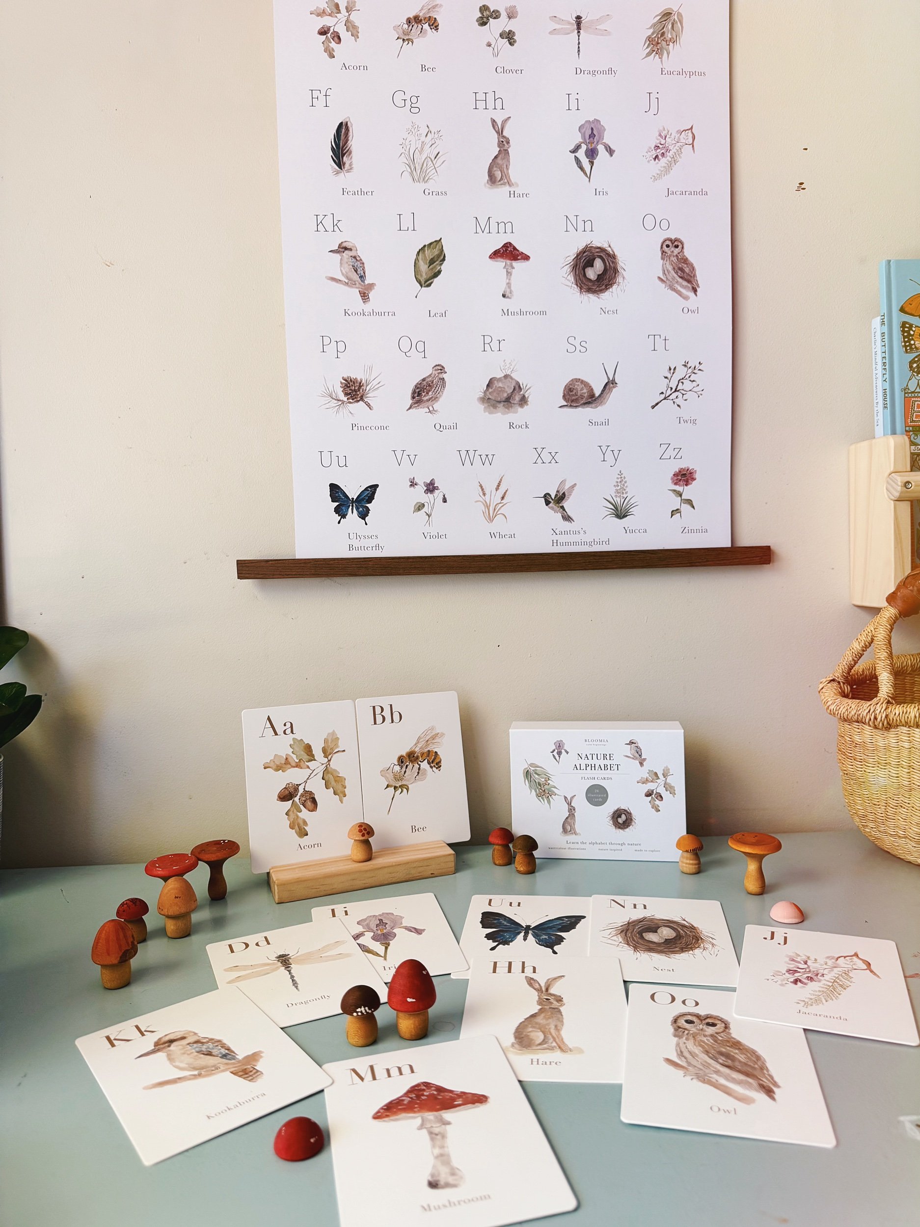 Bloomia Nature Alphabet poster and matching flash cards bundle for kids