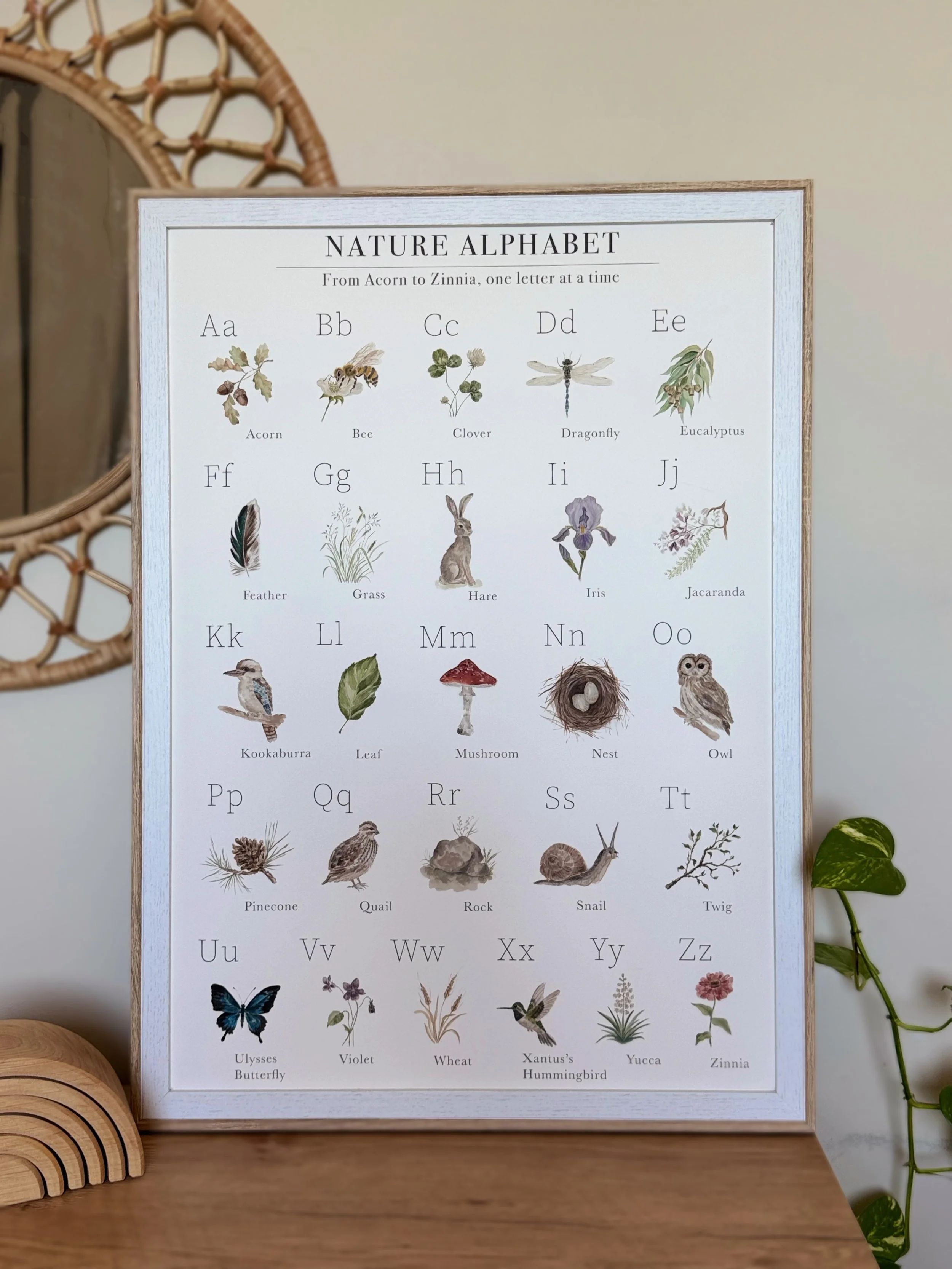 A framed poster titled "Nature Alphabet" shows illustrated images of nature-related objects and animals corresponding to each letter of the alphabet, from Acorn to Zinnia, with some objects like a butterfly, violet flower, wheat, hummingbird, and a leaf visible.