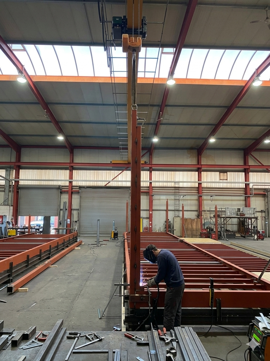 A worker welding on a large red steel structure inside an industrial warehouse.