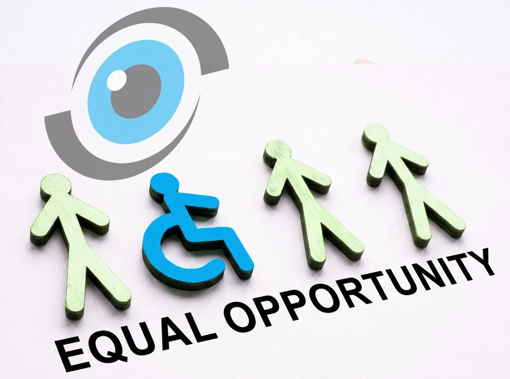 Four cutout figures, one in a wheelchair, representing equal opportunities, with the words "EQUAL OPPORTUNITY" below and an eye graphic above.