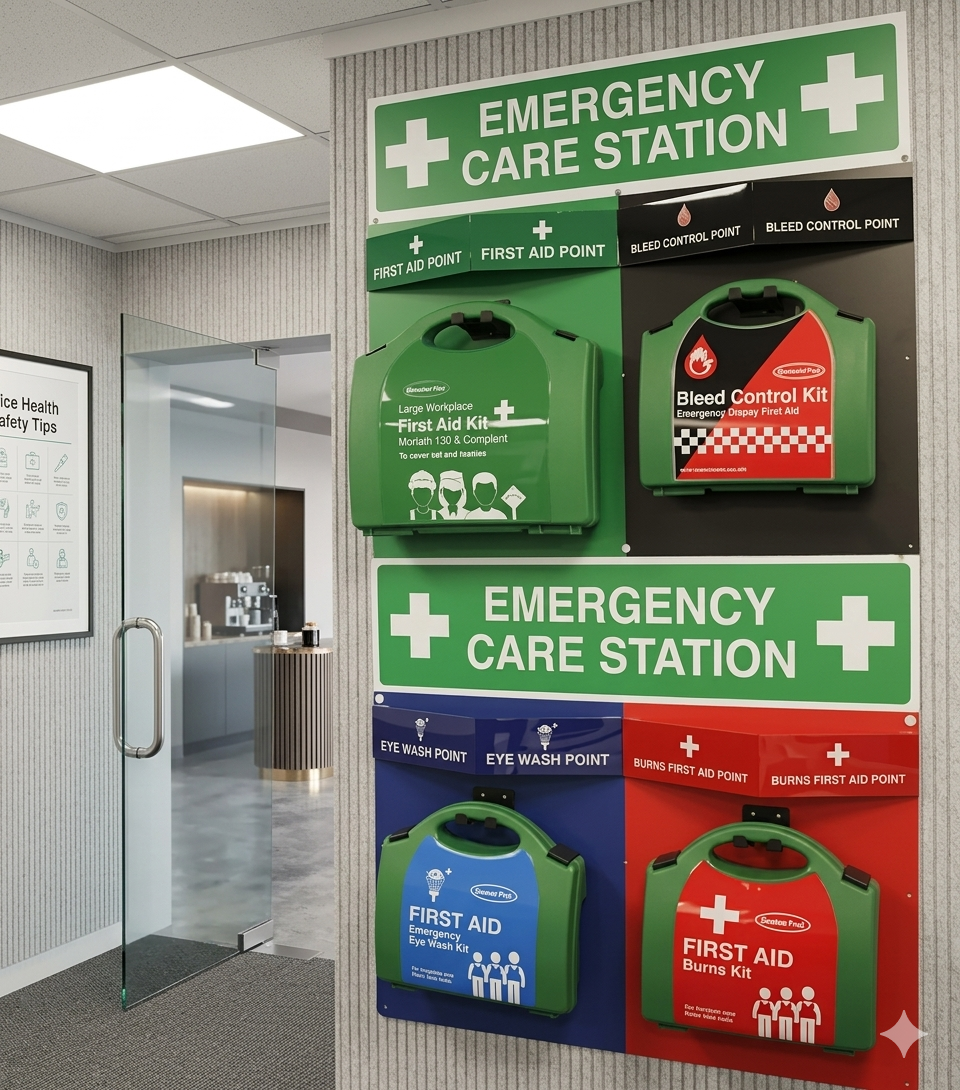 Emergency care station with first aid kits, bleed control kit, eye wash points, and burn first aid kit.