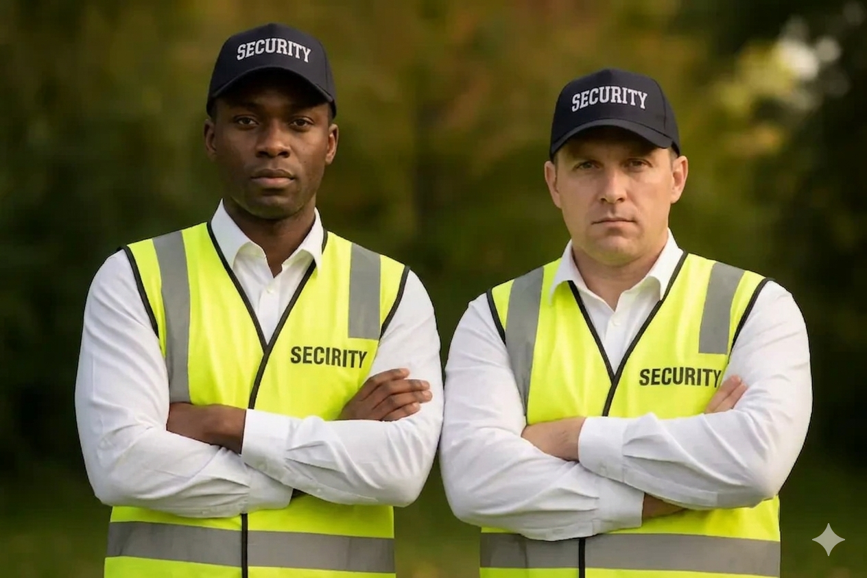 Two security guards standing outdoors with arms crossed, wearing white shirts, yellow reflective vests, and black caps that say 'SECURITY'.