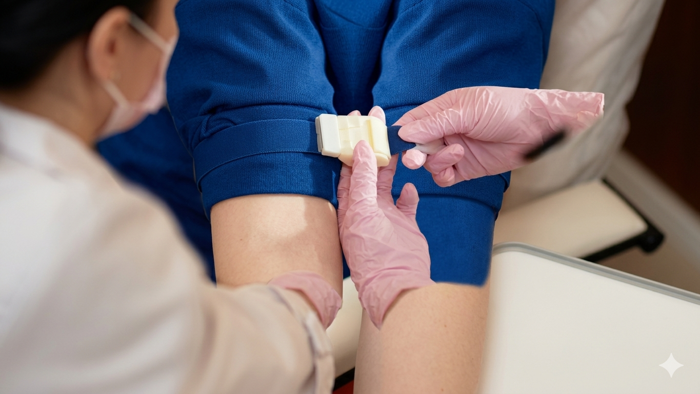 Healthcare worker in pink gloves preparing to give a vaccine to a patient's arm.