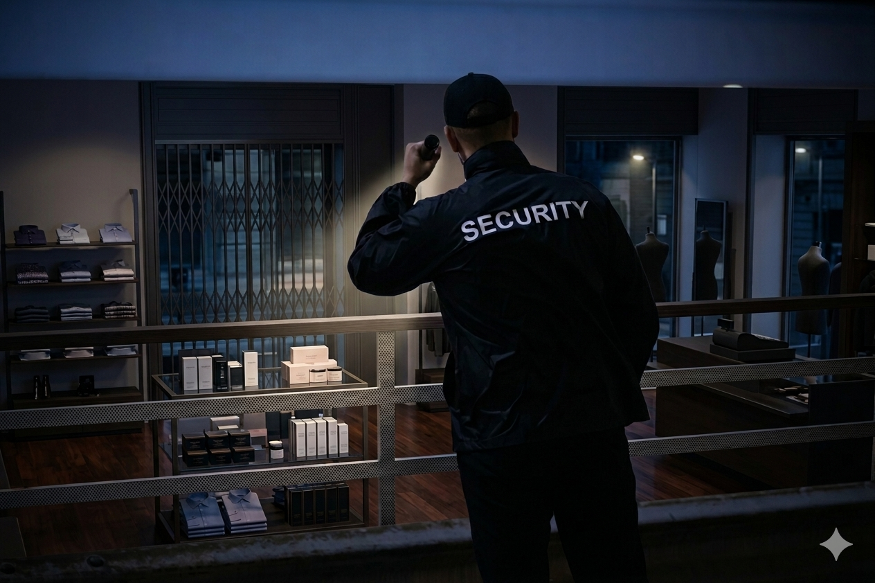 Security guard in dark clothing holding a flashlight inside a retail store at night, with shelves of clothing and accessories visible.