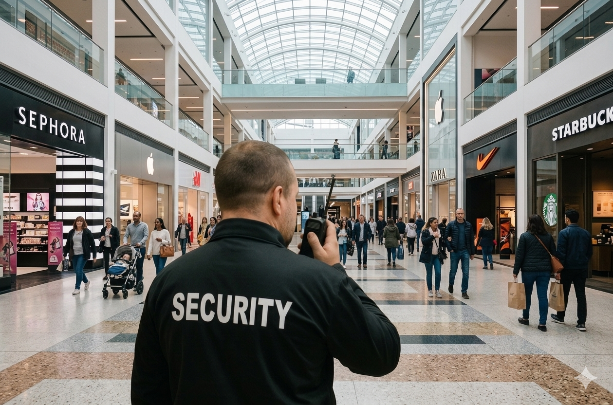 A security guard is using a walkie-talkie in a busy shopping mall with people shopping and store signs on the storefronts.