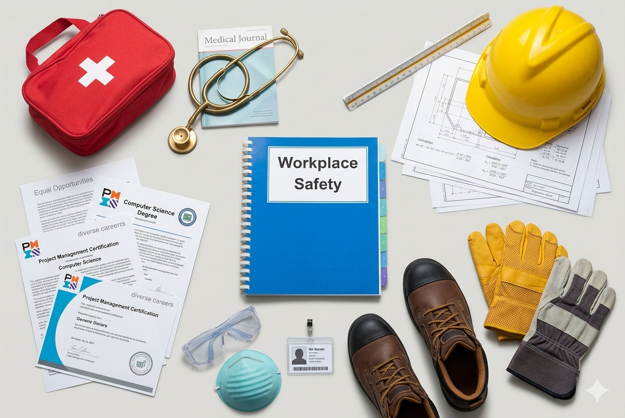 Workplace safety gear and documents including a red first aid kit, stethoscope, medical journal, blue safety manual, safety helmet, gloves, safety glasses, face mask, ID badge, shoes, and engineering plans.