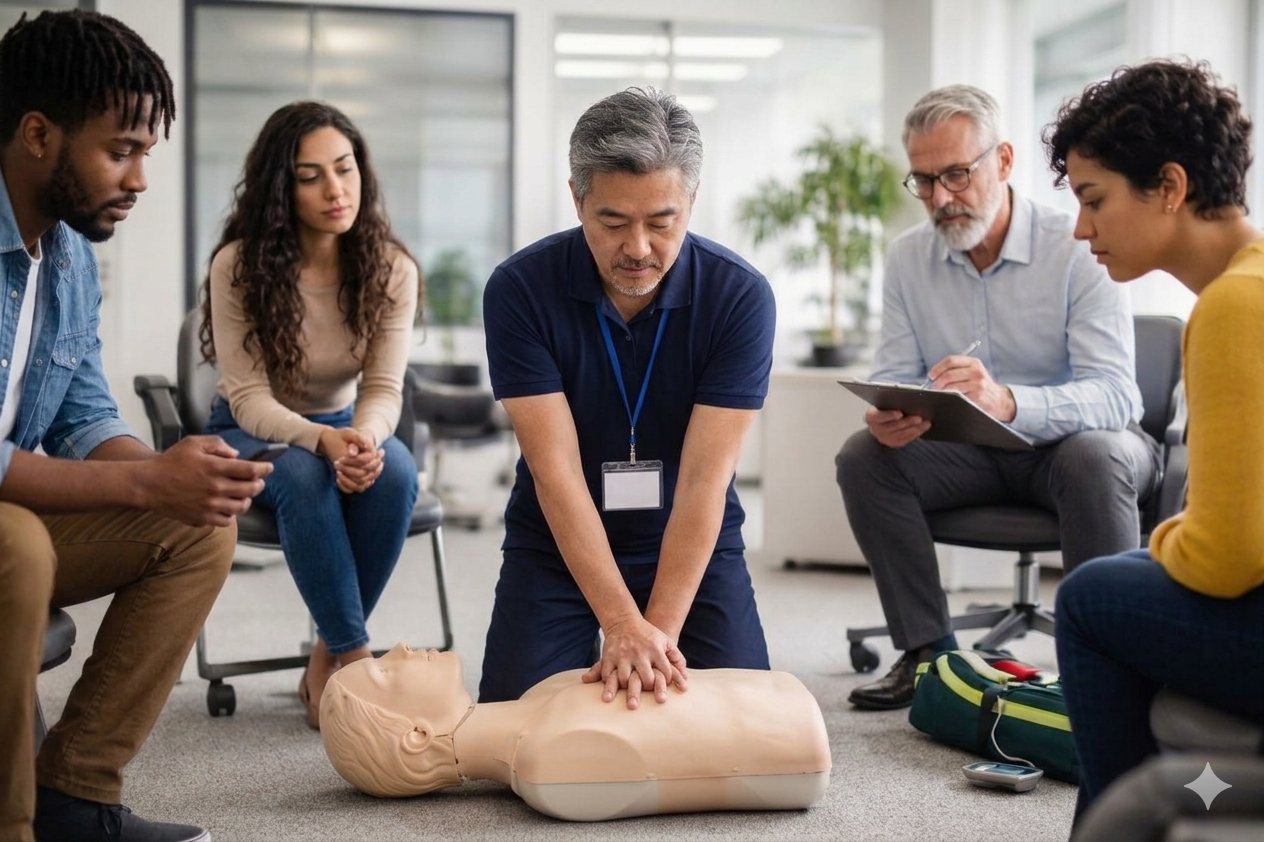 People participating in CPR training on a manikin in a classroom setting.