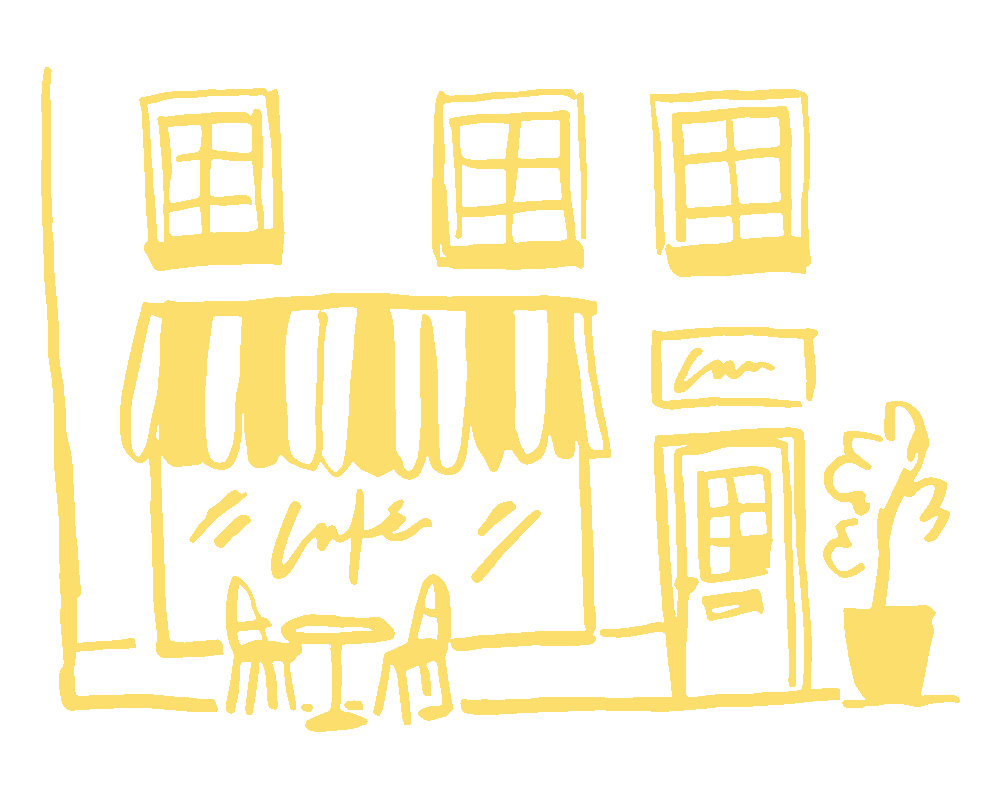 Drawing of a café storefront with a striped awning, two chairs and a small table outside, a door, a window, and a potted plant on the sidewalk.