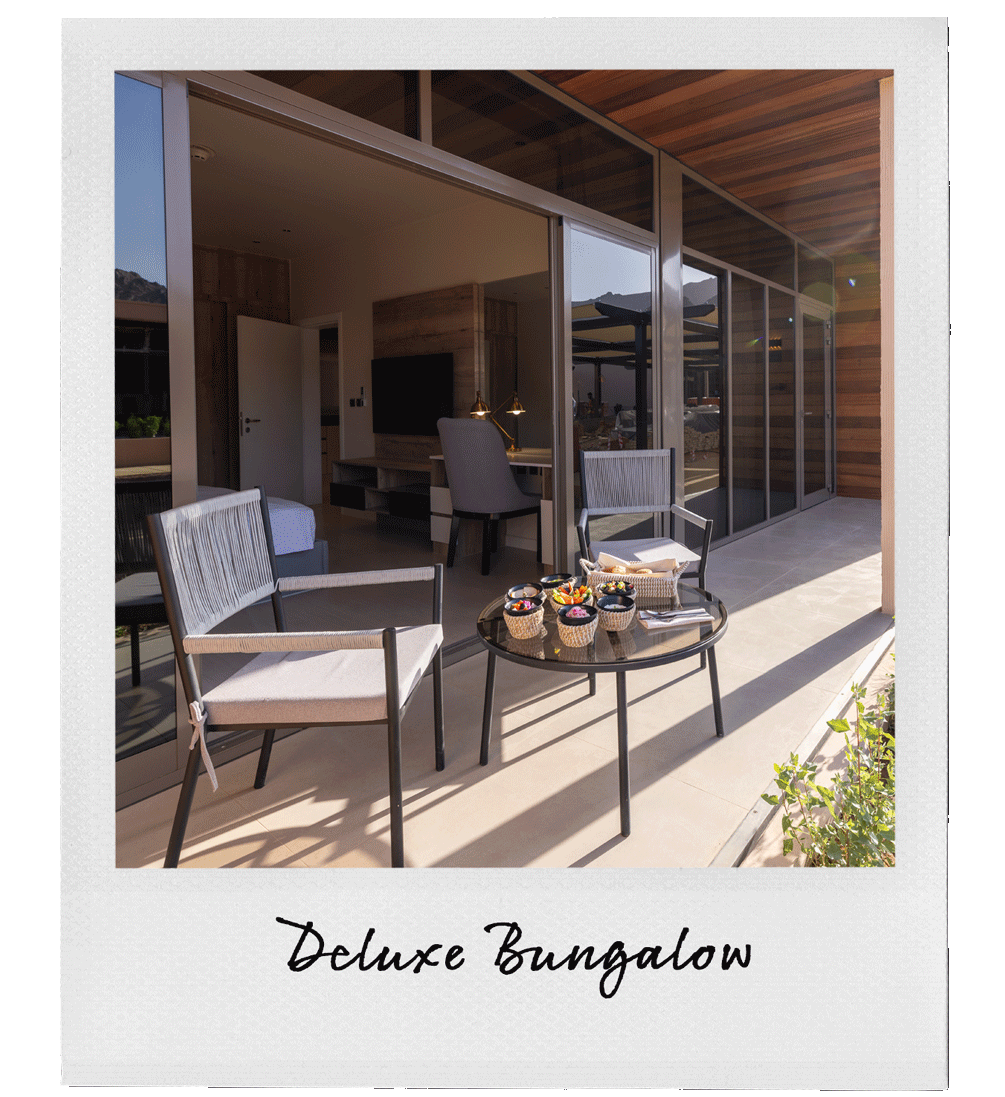 A modern outdoor patio with seating, a small round table with snacks, and a view into a stylish indoor room with wooden accents, labeled as a 'Deluxe Bungalow'.