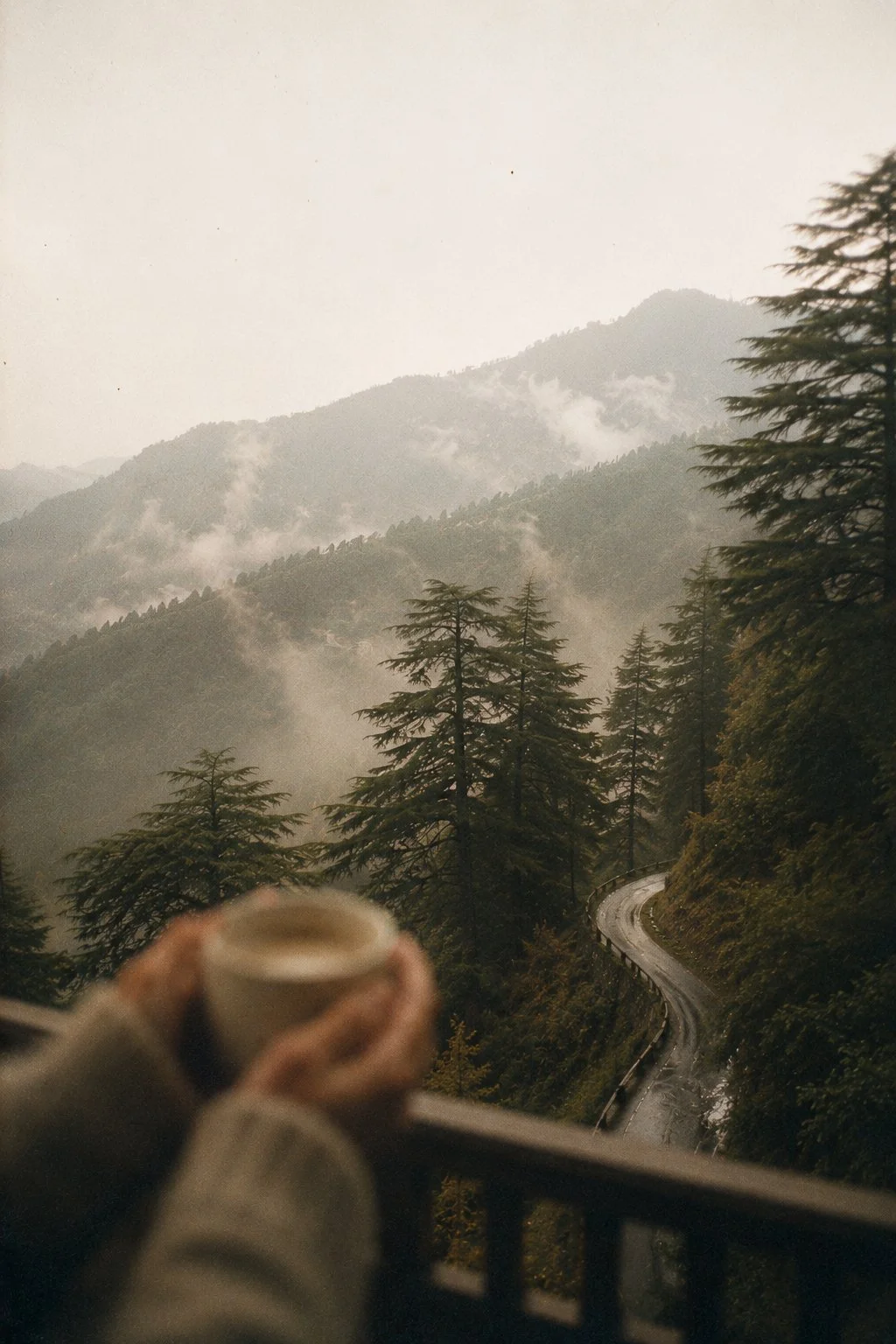 A person holding a coffee mug while sitting on a balcony overlooking a winding mountain road through a forest, with misty mountains in the background.