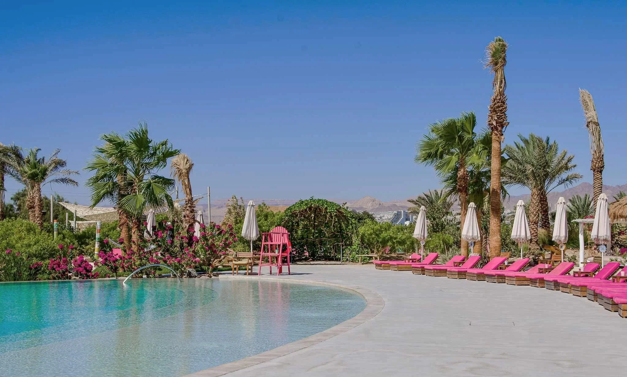A swimming pool surrounded by pink lounge chairs, umbrellas, palm trees, and colorful flowers, with mountains in the background under a clear blue sky.