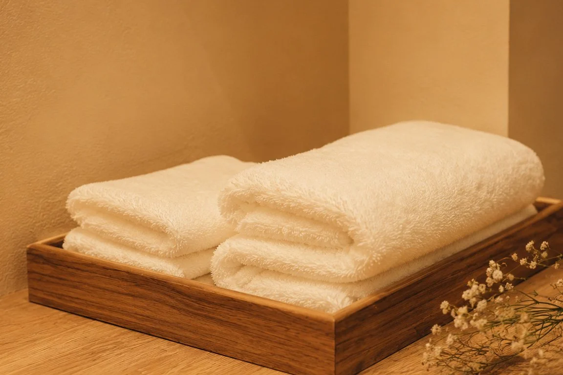 Stacked white towels in a wooden tray with small white flowers nearby.