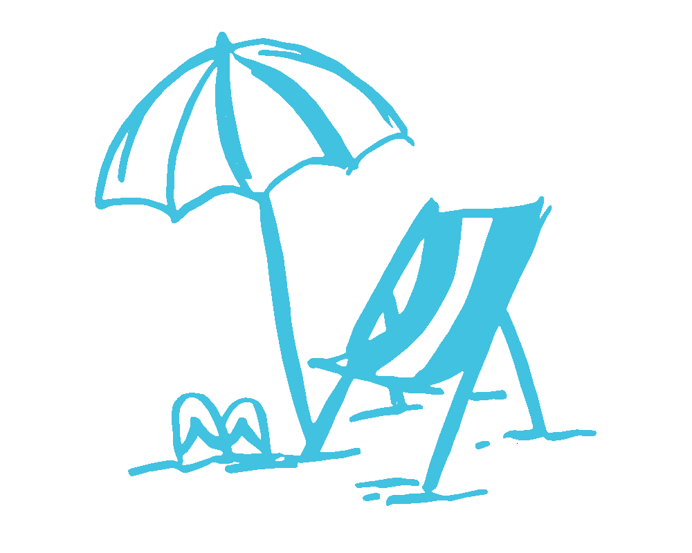 Blue hand-drawn illustration of a beach scene with an umbrella, lounge chair, and flip-flops.