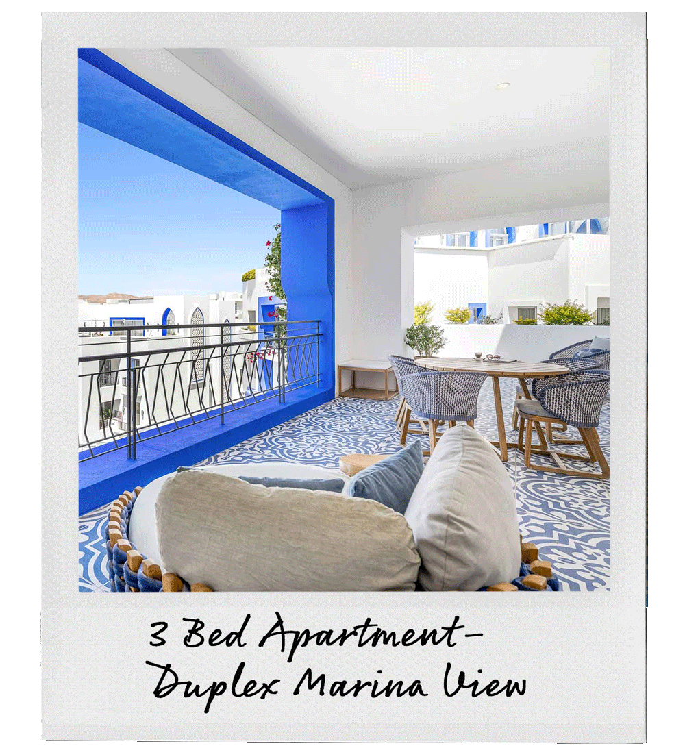Outdoor terrace with a balcony overlooking a white building with blue accents, featuring a round wooden table with four chairs, potted plants, a woven lounge chair with cushions, and patterned blue and white tile flooring.