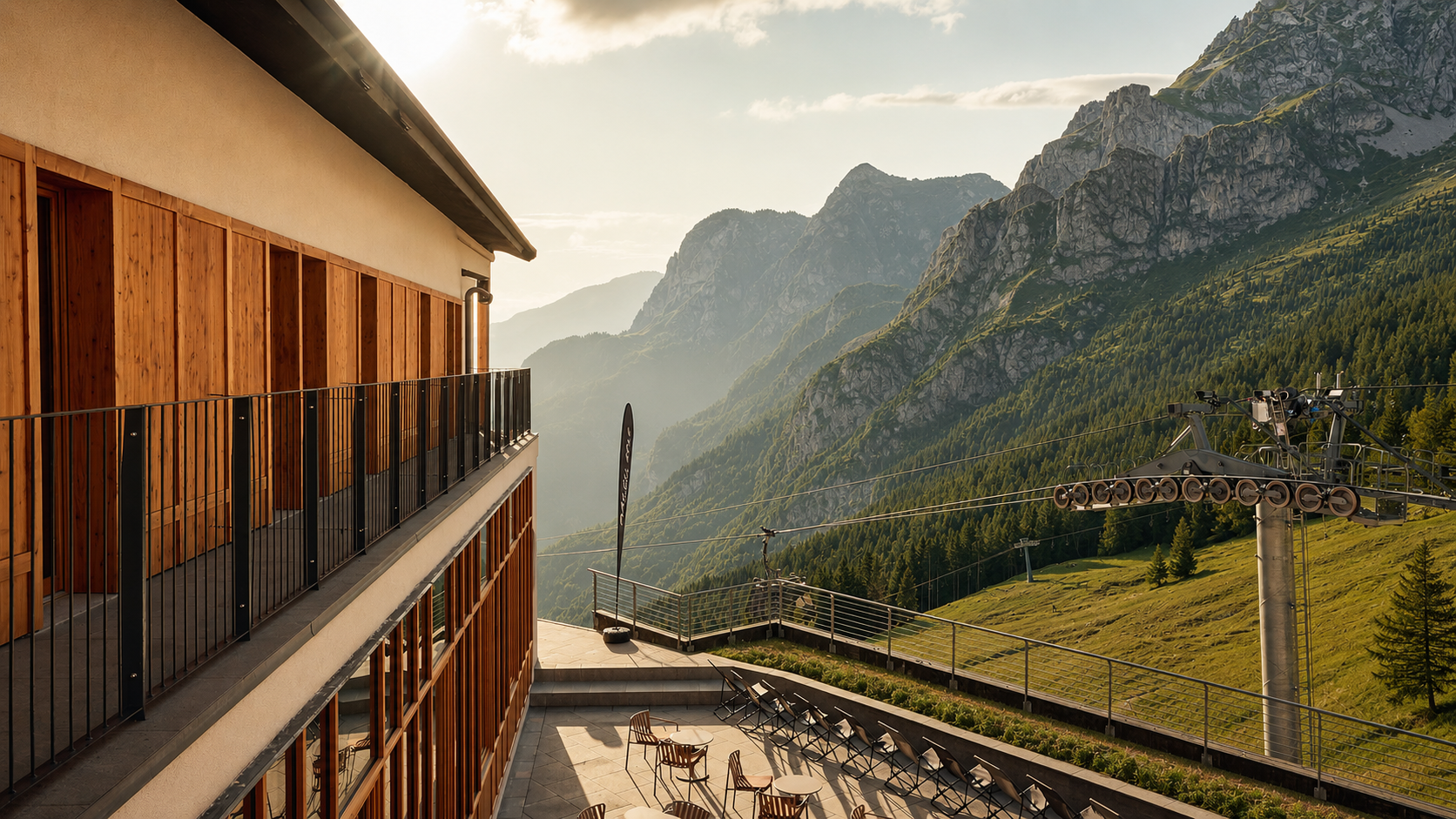 A mountain view with a building balcony, outdoor seating, and a ski lift in the background.