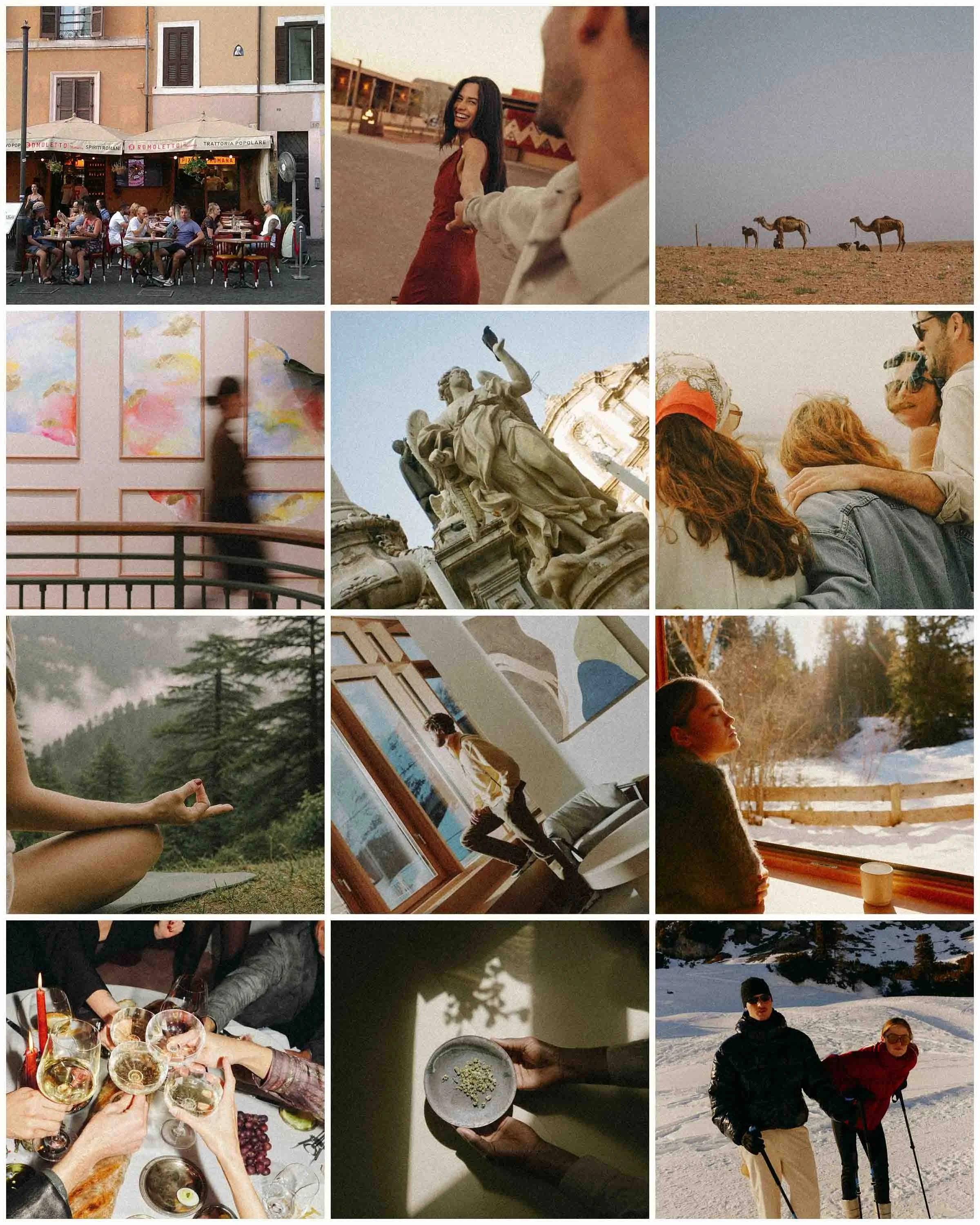 A collage of nine images showing various scenes: outdoor dining at a restaurant, a smiling woman holding hands with a man, a desert landscape with camels, an art gallery with blurred person walking, a sculpture, friends taking a selfie, a person viewing art at a gallery, a woman meditating outdoors, a person holding a bowl of food, and people skiing in the snow.