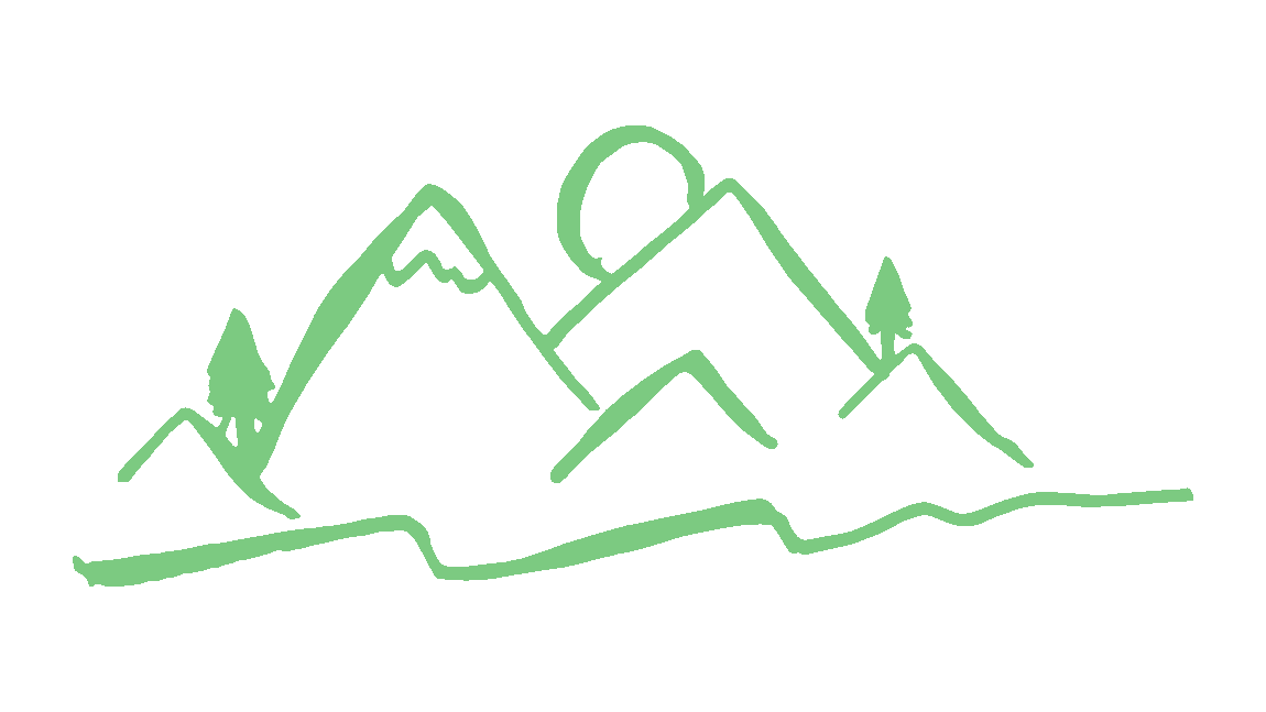 A simple green line drawing of a mountain landscape with trees, a sun or moon, and a hilly foreground.