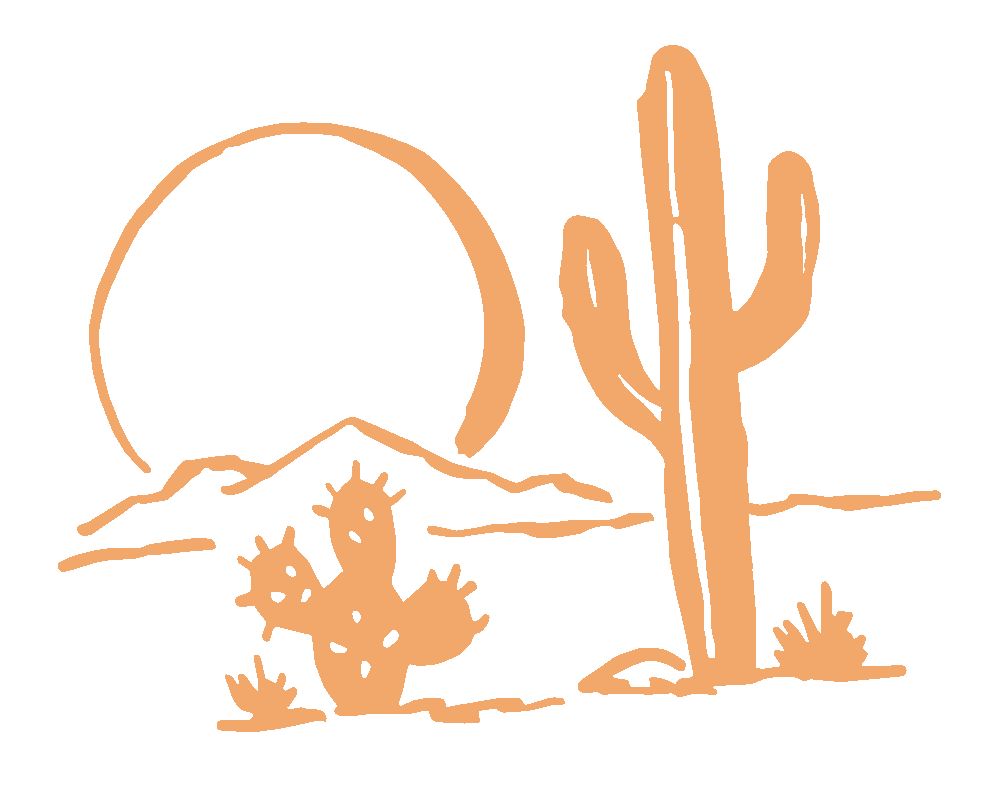 Line drawing of a desert scene with a large cactus, a smaller cactus with spines, mountains in the background, and a setting or rising sun.