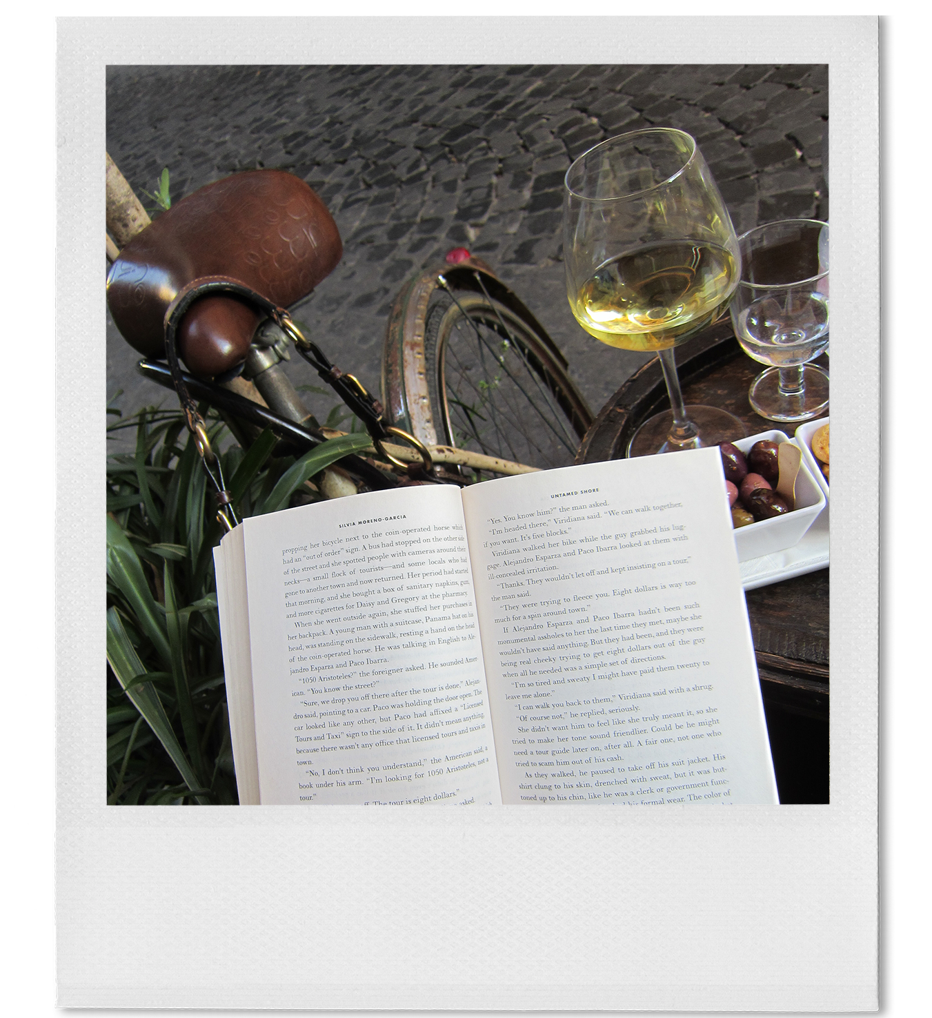 A scene of outdoor café table with a glass of white wine, a small glass, and a white dish with chocolates, along with an open book resting on a table, with a bicycle and cobblestone street in the background.