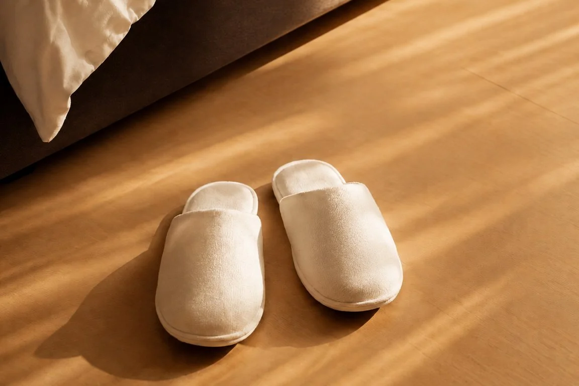 A pair of white slippers on a wooden floor near a bed.