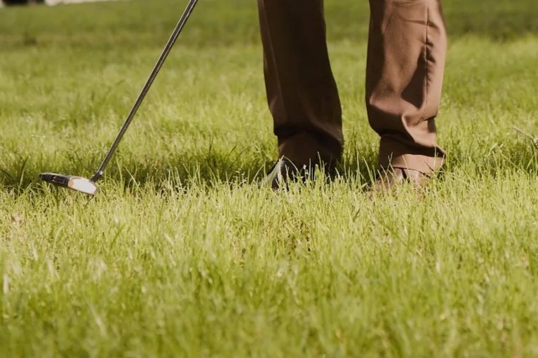Person standing on a golf course grass with a golf club.