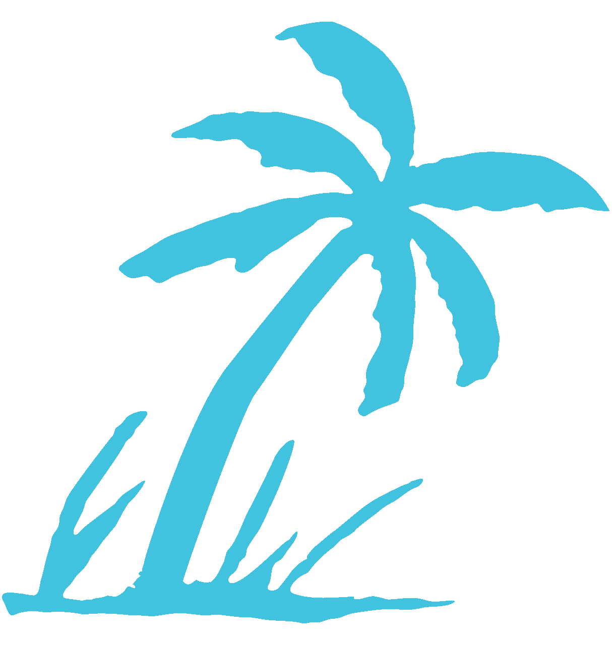 A stylized blue palm tree with curved leaves on a black background.
