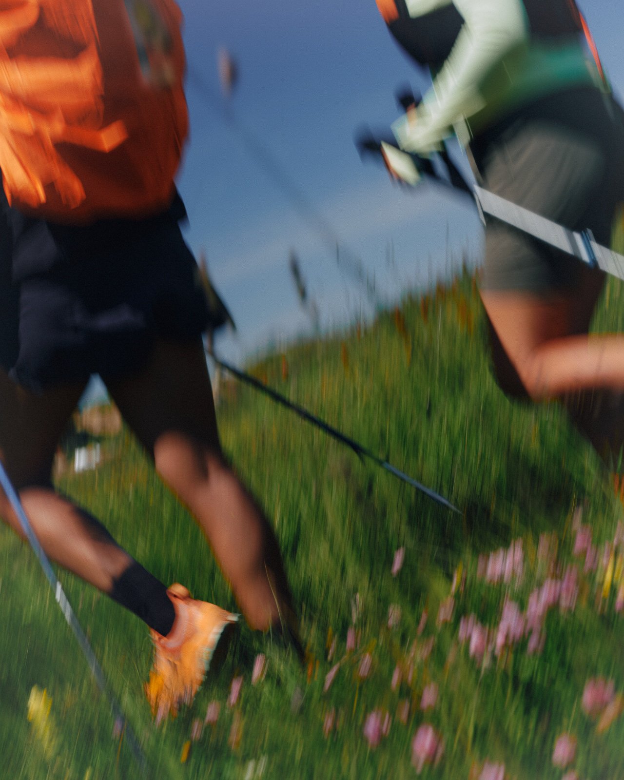 Blurred image of runners participating in a race on a grassy field, with some flowers visible in the foreground.