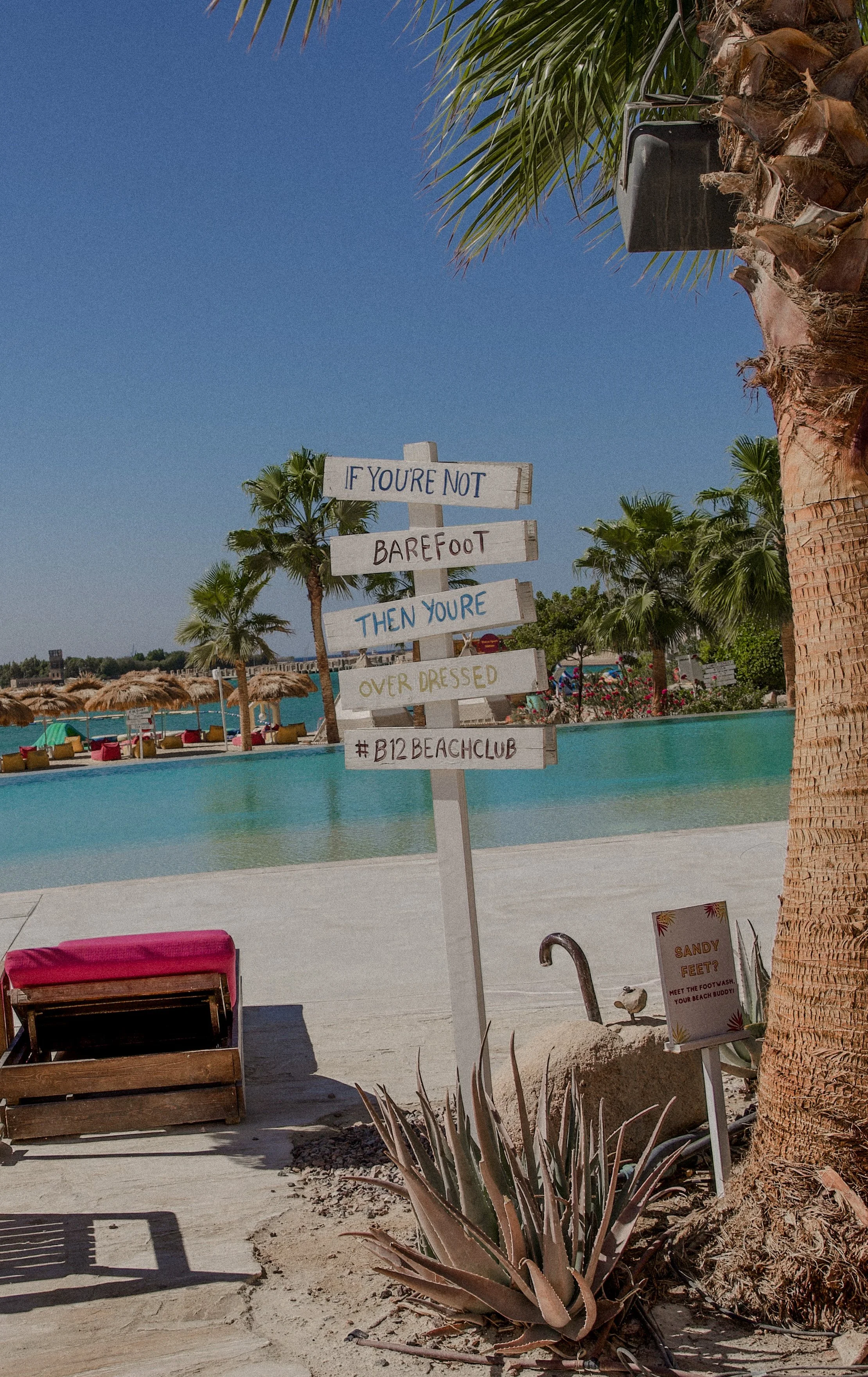 Sign with humorous message at a beach: 'If you're not barefoot then you're over dressed #B12BEACHCLUB'. Beach chairs and umbrellas, palm trees, blue sky, and water in the background, with desert plants and a large agave plant in the foreground.