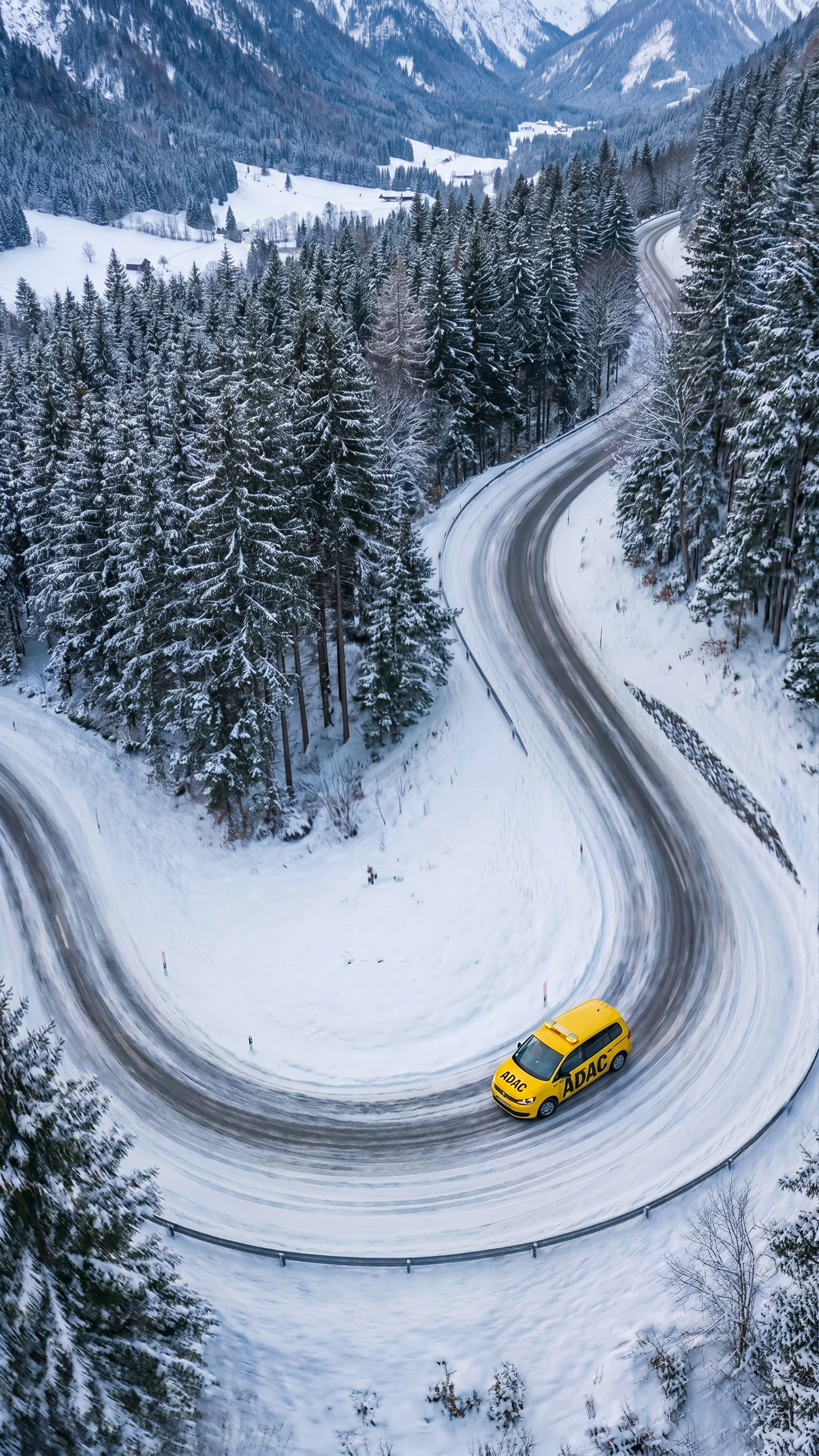 Ein gelbes Auto mit ADAC-Logo fährt auf einer kurvigen Schneestraße durch einen verschneiten Wald in den Bergen.