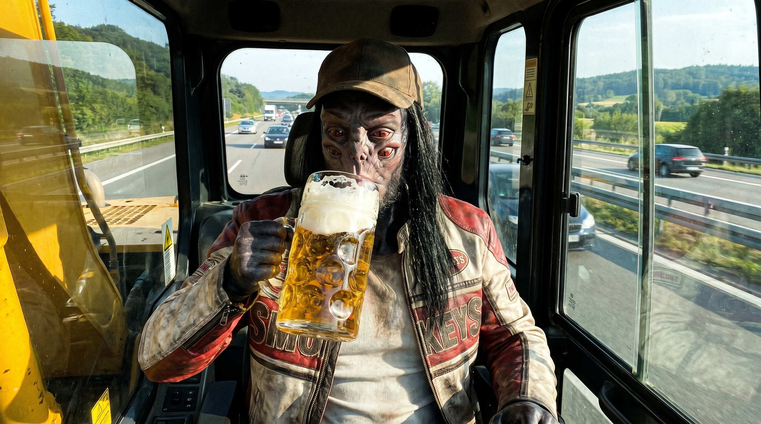 Person in Ghillie-Anzug trinkt Bier in einem Fahrzeug auf einer Autobahn mit grünem Landschaft im Hintergrund.