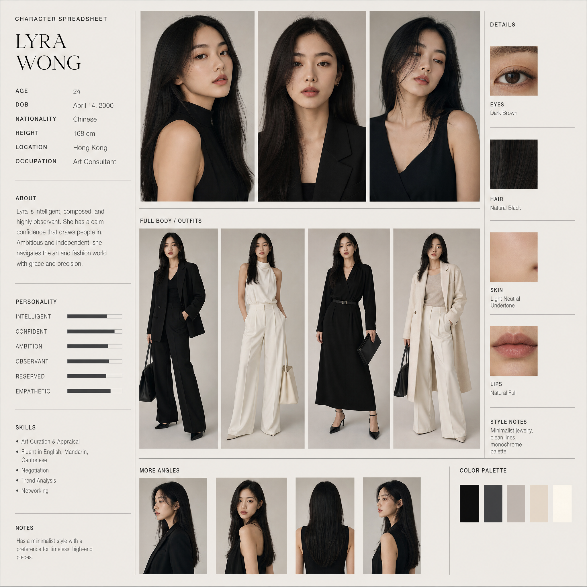 Mehrere Bilder eines Models mit schwarzen Haaren, in unterschiedlichen Outfits, Nahaufnahmen des Gesichts, Augen, Haut, Lippen, verschiedene Perspektiven, in einem minimalistischen Stil. Die Bilder sind Teil eines Character Spreadsheets für Styling und Mode.