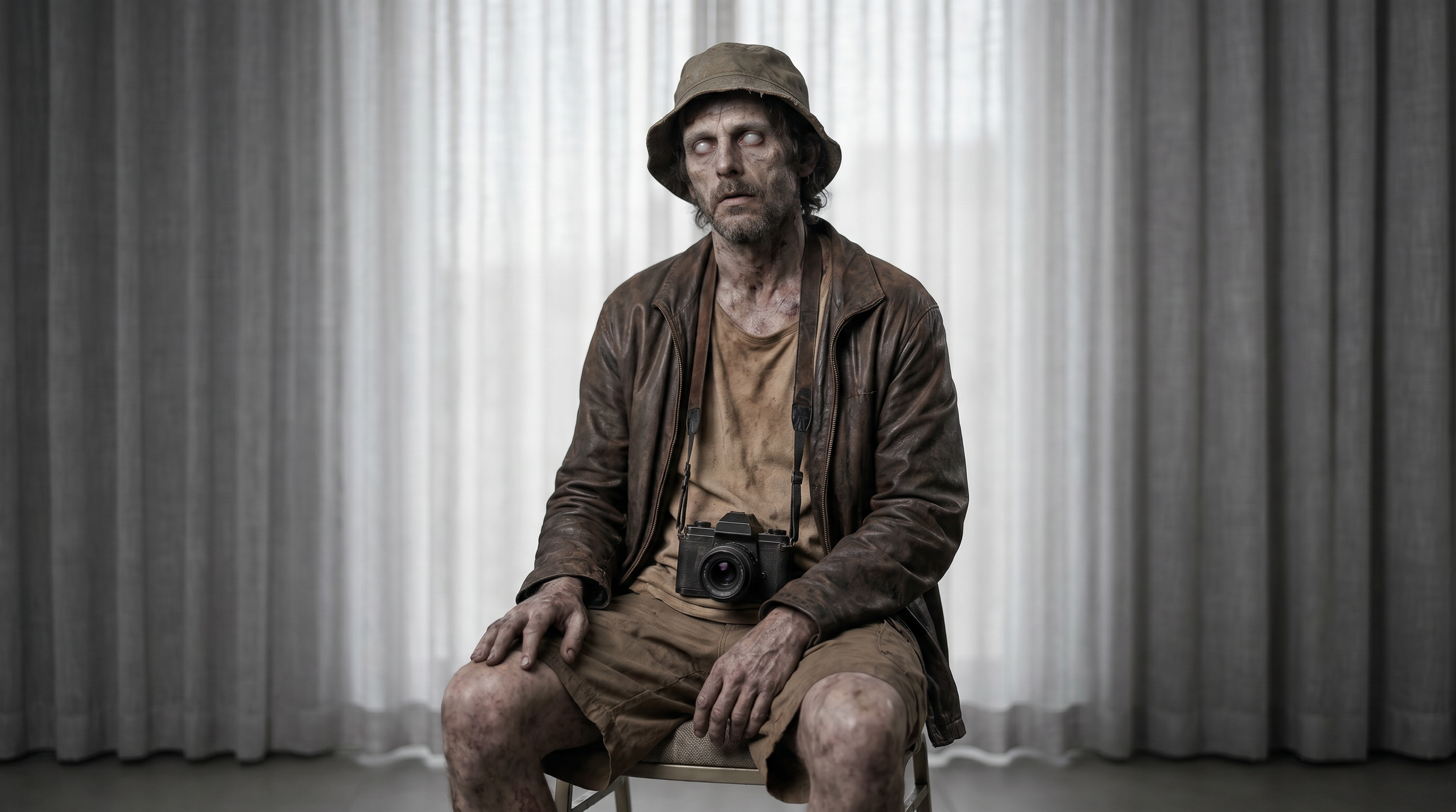 Ein Mann mit verwesener Haut, zerstörtem Gesicht, zerzaustem Haar, grauem Hut, brauner Jacke, Shorts und Kamera um den Hals sitzt auf einem Stuhl vor einem grauen Vorhang.