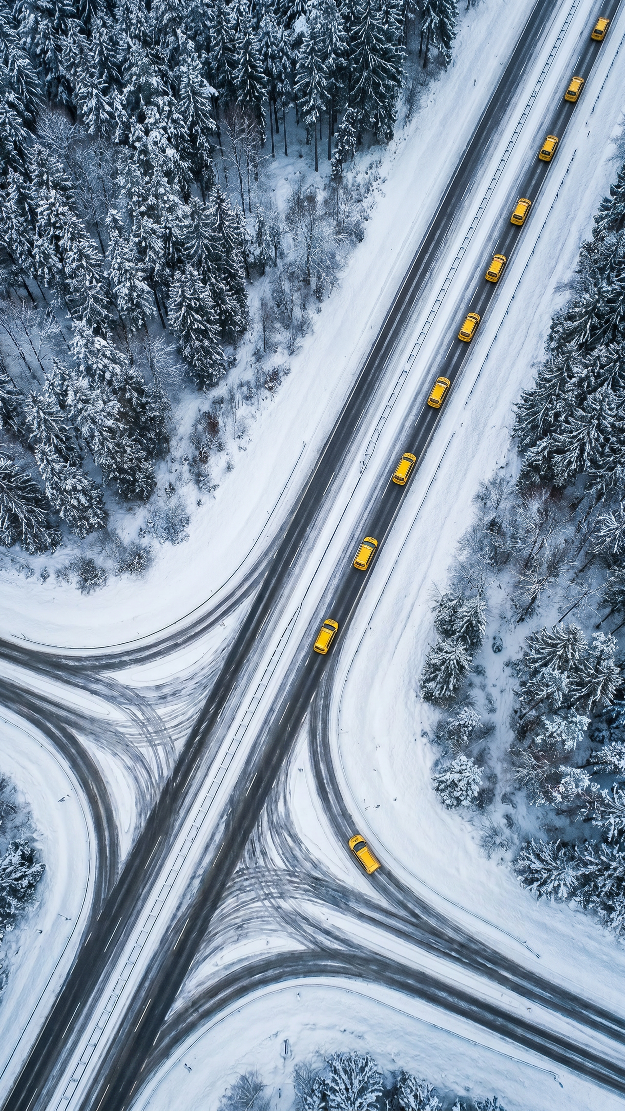 Luftaufnahme einer verschneiten Straße mit mehreren gelben Fahrzeugen und einer Schneise durch einen dichten Wald aus Tannenbäumen.