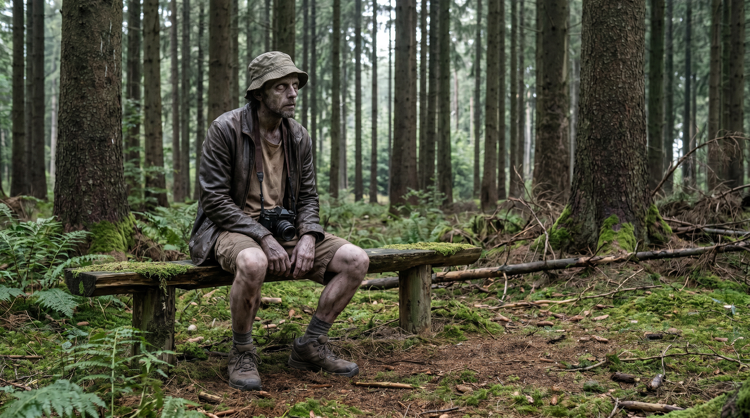 Ein Mann sitzt auf einer Holzbank im dichten Wald, trägt eine Mütze, eine Lederjacke, Shorts, hat eine Kamera um den Hals und sieht nachdenklich aus.