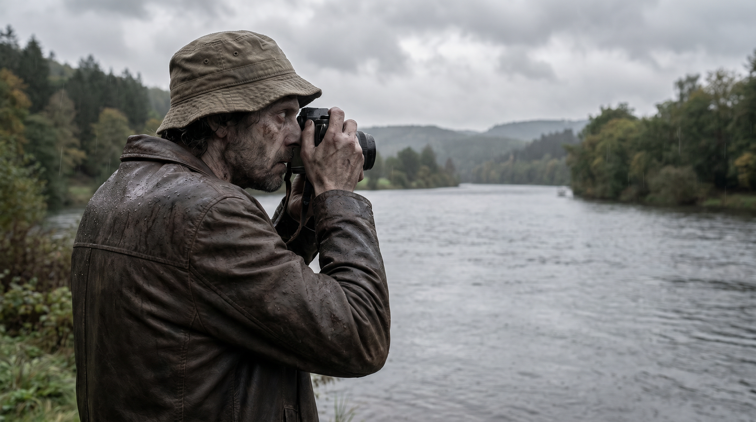 Ein Mann im Regen, trägt eine braune Jacke und einen breiten Hüte, und schaut durch ein Fernglas auf einen Fluss mit bewaldeten Hügeln im Hintergrund.