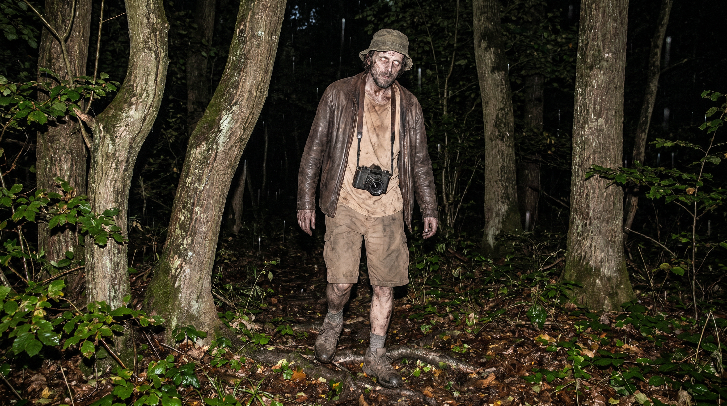 Ein müder, schmutziger Mann im Wald bei Nacht mit Kamera um den Hals, trägt einen Hut und Shorts.