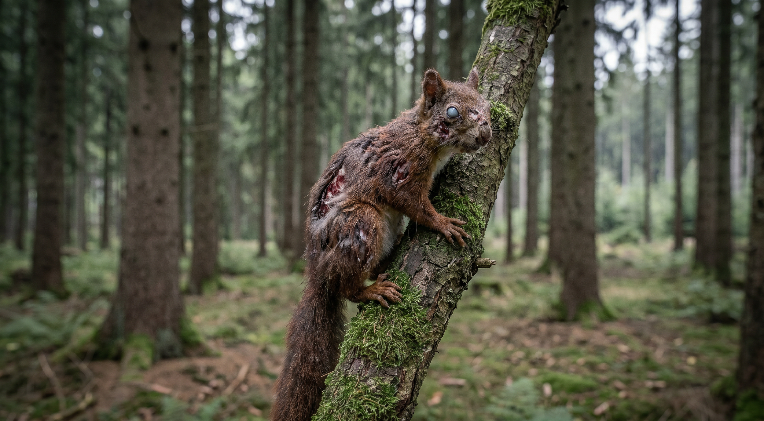 Ein verletztes Tier, das an einem Baum im Wald lehnt. Es hat eine vernarbte Haut und schaut mit einer weißen Augäpfeln in eine Richtung.