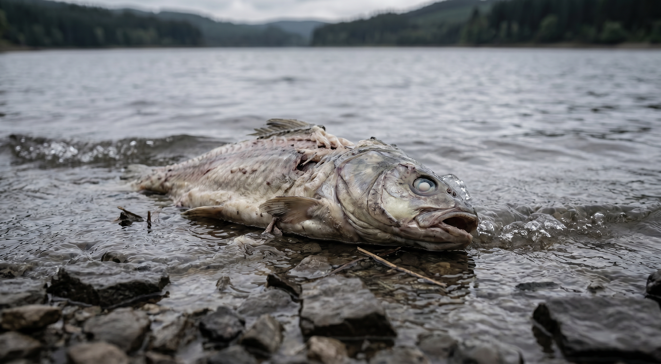 Ein totes Fisch liegt am Ufer eines Sees mit bewaldeten Hügeln im Hintergrund.