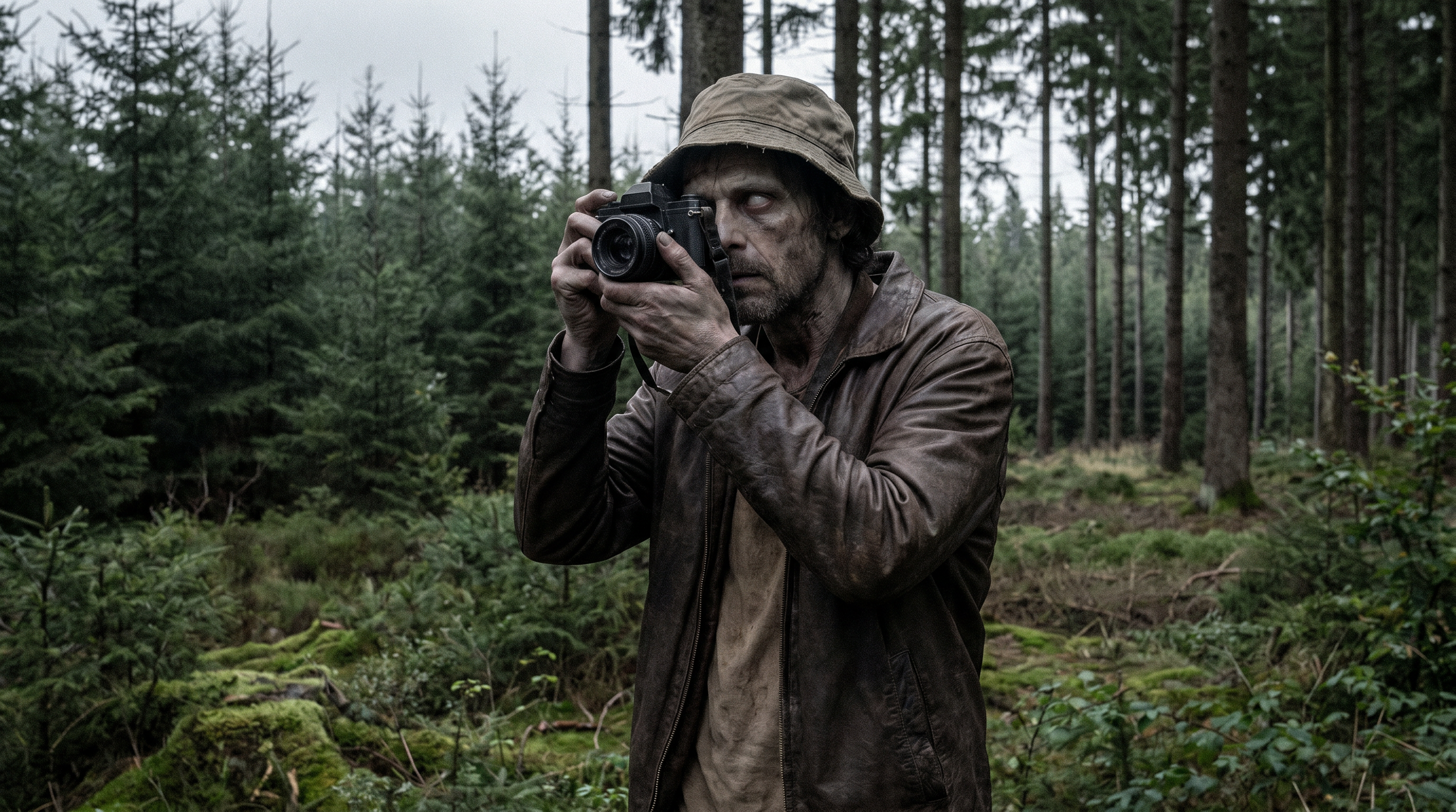 Ein Mann in einem Wald fotografiert mit einer Kamera, trägt einen braunen Lederjacke und einen civilisationen Hut.