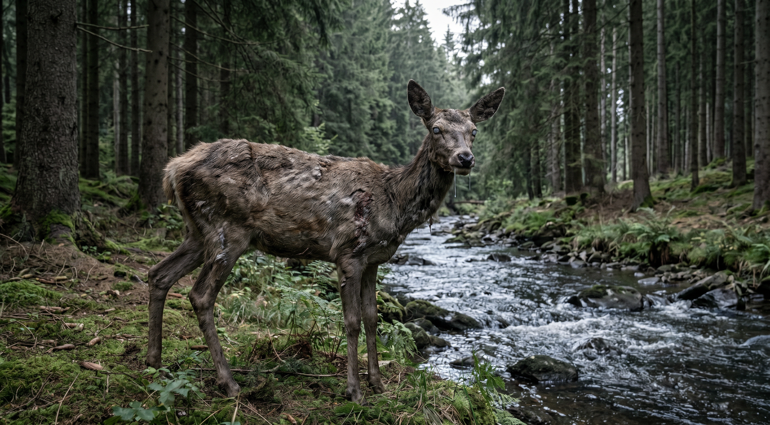Ein verletztes Reh steht an einem Bach in einem dichten, grünen Wald, mit sichtbaren Verletzungen am Körper.